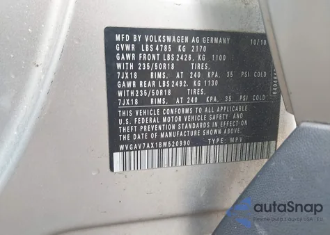 2011 Volkswagen Tiguan Sel z USA, uszkodzony, nr VIN WVGAV7AX1BW520990